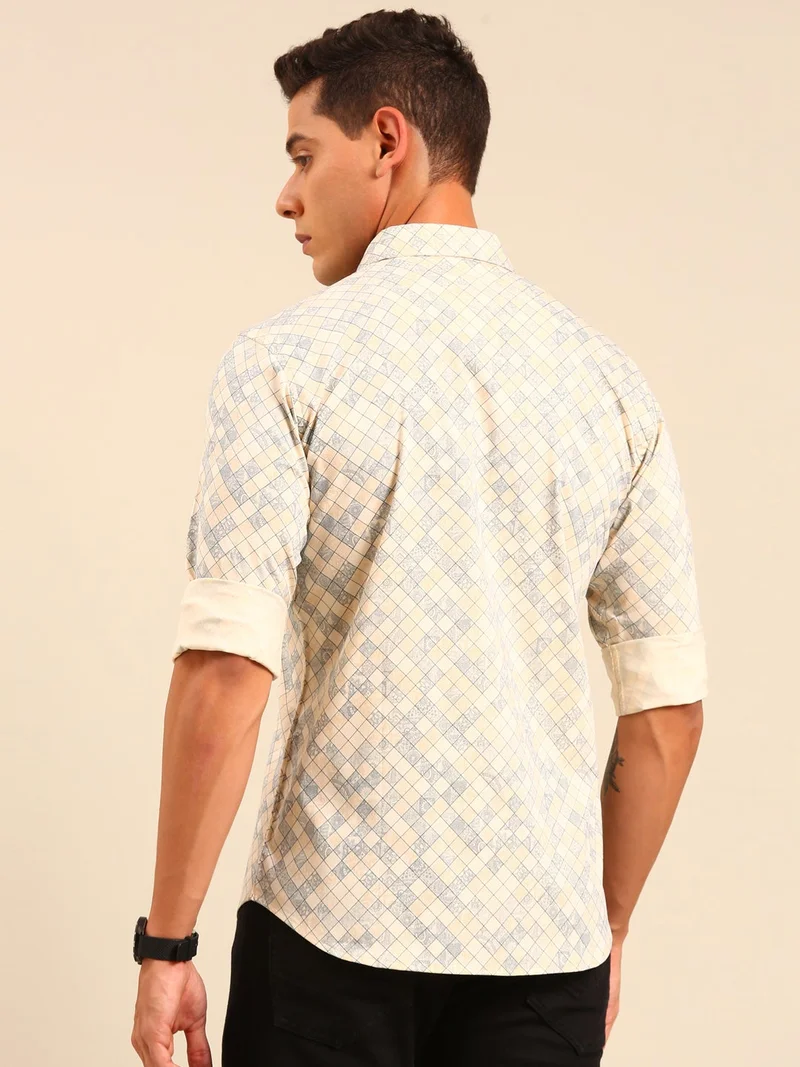 Joven Beige Printed Cotton Shirt for Men